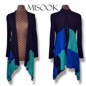 Misook Colorblock Cardigan Sweater Size XS Asymmetrical Black Blue Teal Fairy